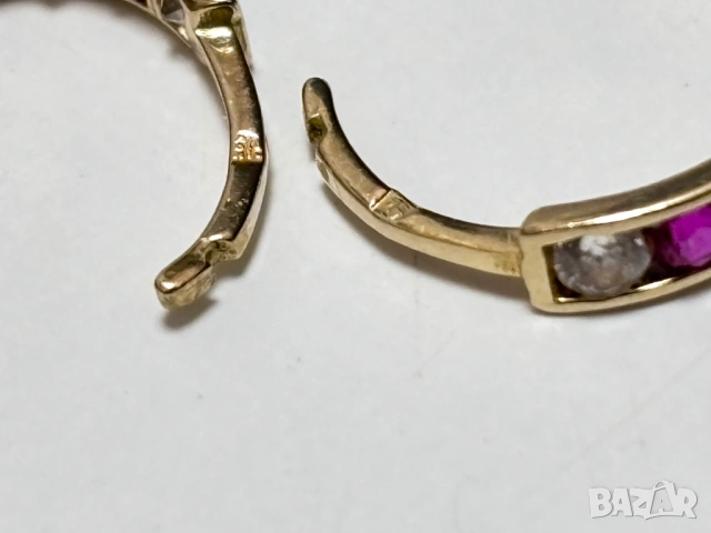 Златни Обеци 1,85 грама 14K(проба 585) с бели и розови циркони, снимка 9 - Обеци - 54939763