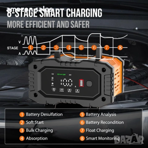NEXPEAK NC202 10-Amp зарядно устройство за батерии 12V 24V LiFePO4 оловно-киселинни 8-степенно, снимка 7 - Аксесоари и консумативи - 54575096