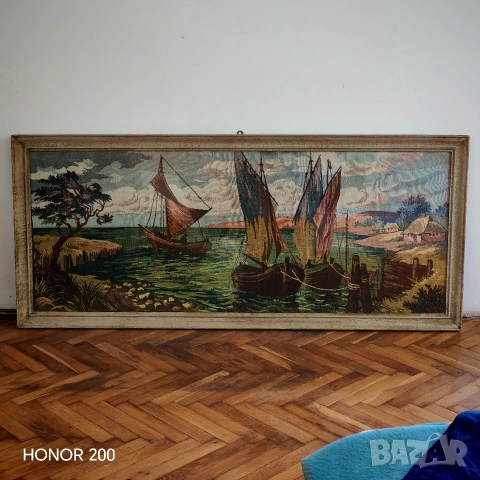 Стар гоблен Пристан в Елада. , снимка 2 - Гоблени - 54127221