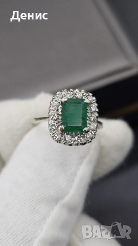 Златен пръстен 18K (750) с естествен изумруд и диаманти | 4.24 гр | Emerald Halo Ring, снимка 2 - Пръстени - 55267016