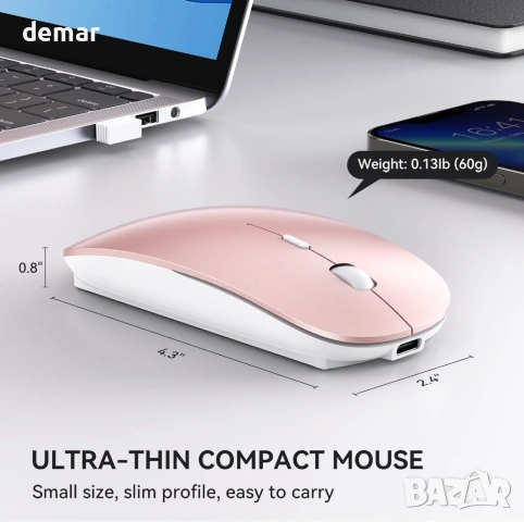 Безжична мишка RaceGT USB C и USB A, преносима, лека, оптична, регулируеми DPI, розова, снимка 3 - Клавиатури и мишки - 54065563