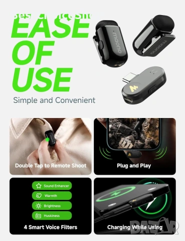 Maono Wave T1 безжичен лавалиер микрофон USB-C, 48kHz шумопотискащ, снимка 10 - Селфи стикове, аксесоари - 54117729