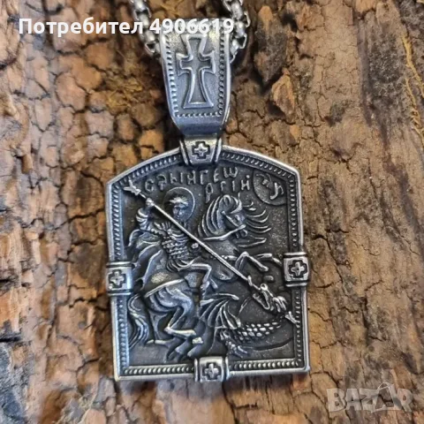 Масивно двулицево стоманено колие с образа на Свети Георги Победоносец, снимка 3 - Колиета, медальони, синджири - 55535176