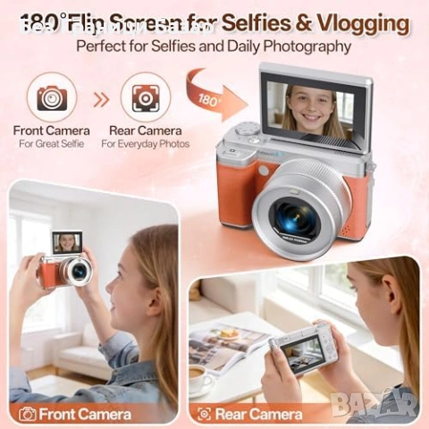 Нов 5K цифров фотоапарат WiFi 180° екран 18X zoom 64GB карта камера за начинаещи, снимка 4 - Фотоапарати - 54354125