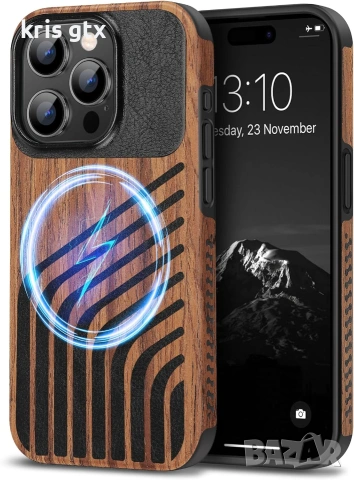 Магнитен калъф, съвместим с iPhone 15 Pro Case Wood Grain с дизайн на дървесна и кожена текстура, съ