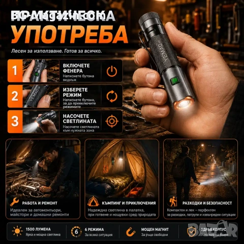Мини мощен фенер YEMAO M52 – 1500 Лумена, 2 акумулаторни батерии, магнит и USB-C зареждане, снимка 7 - Къмпинг осветление - 54027538