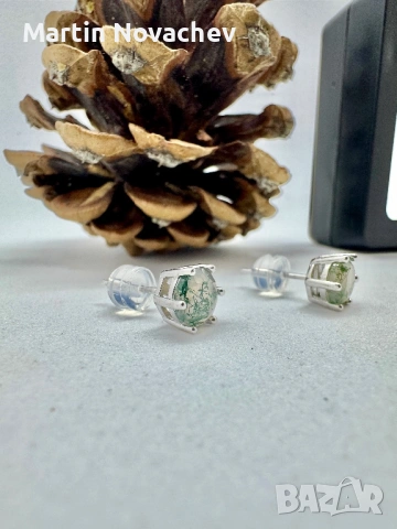 Сребърни обеци с естествен мъхов ахат 1.5 карата, снимка 7 - Обеци - 54090572