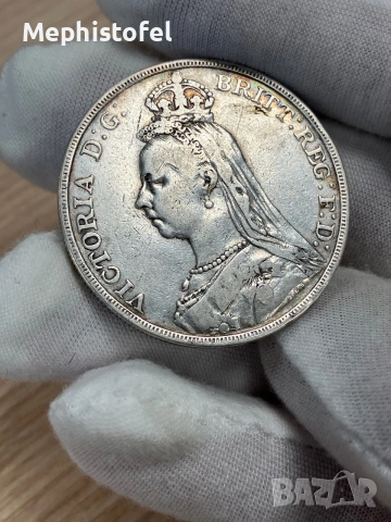 1 крона (Crown) 1891 г, Великобритания - сребърна монета, рядка , снимка 3 - Нумизматика и бонистика - 55000640