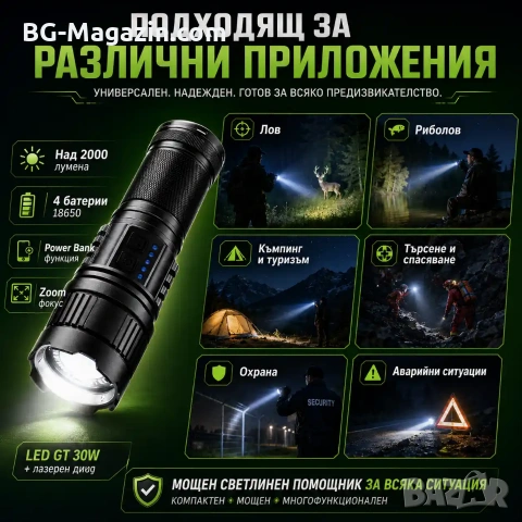 Мощен ръчен фенер прожектор LED лазерен диод презареждащ се USB Power Bank за лов риболов къмпинг, снимка 4 - Къмпинг осветление - 51017212