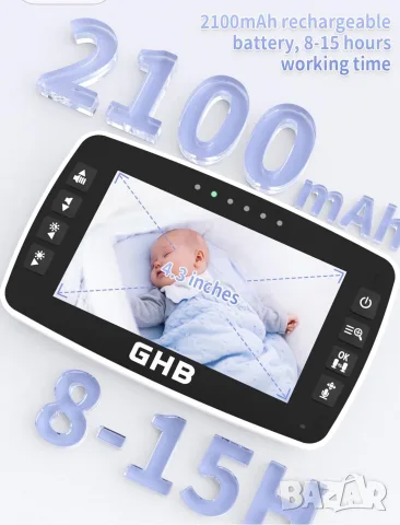 GHB Бебефон 4.3-инчов LCD екран Бебешка камера с 2 камери Ротация на 350° , снимка 7 - IP камери - 55647296
