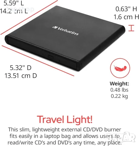 Чисто Ново Запечатано Външно записващо устройство Verbatim Slimline CD/DVD Writer (USB 2.0, черно) , снимка 2 - Други - 55677329