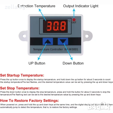 Дигитален термостат XH-W3001 220V 10A 1500W – Температурен контролер -50°C~110°C за инкубатор 10048, снимка 8 - Друга електроника - 54656117