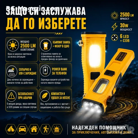 Мощен акумулаторен LED фенер къмпинг лампа осветление за риболов туризъм палатка аварии автомобил, снимка 5 - Къмпинг осветление - 51178709