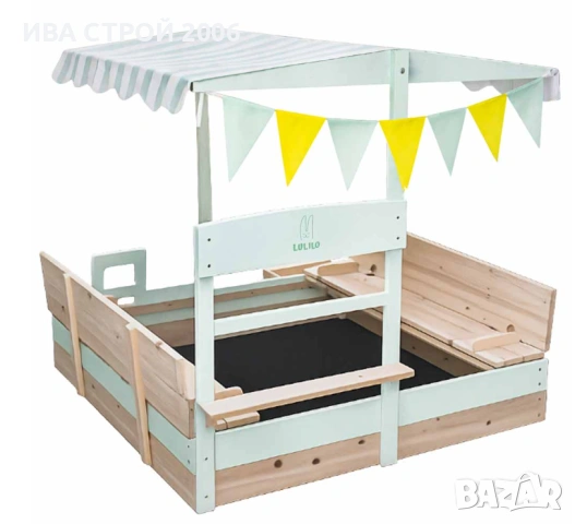 Детски дървен пясъчник 120 см | Въртящ се навес 360° и пейки | PraktiHome, снимка 7 - Игри и пъзели - 54237500