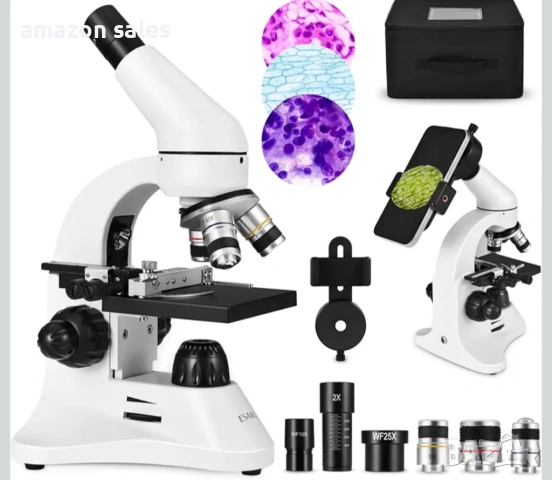 Микроскоп ESAKO 40-2000X, LED светлина,метален корпус,адаптер за телефон и слайдове нов