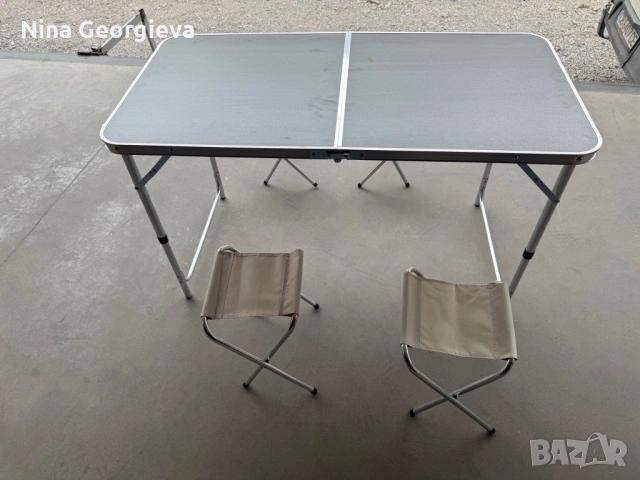 Комплект сгъваема къмпинг маса с 4 стола, регулируема височина, дизайн "куфар" в сив цвят, снимка 5 - Други стоки за дома - 53953735