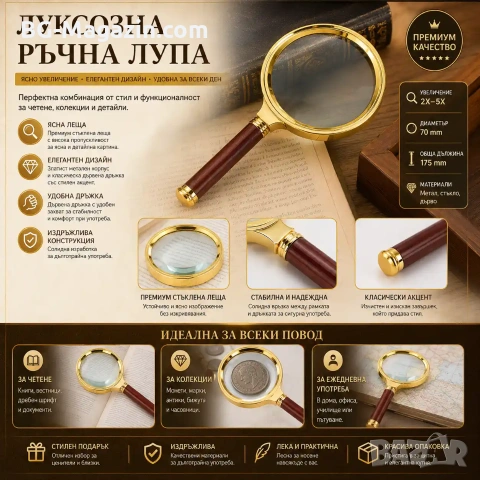Голяма стъклена увеличителна ръчна лупа 10X увеличение с дръжка за четене на книги професионална, снимка 8 - Други инструменти - 50920379