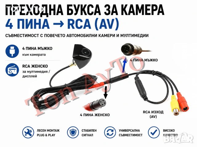 Преходна Букса 4 Пина Pin към RCA (AV) за Камера за Задно Виждане, снимка 2 - Аксесоари и консумативи - 55101614