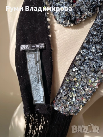 Черен шал на сребристи пайети Zara, снимка 4 - Шалове - 54500773
