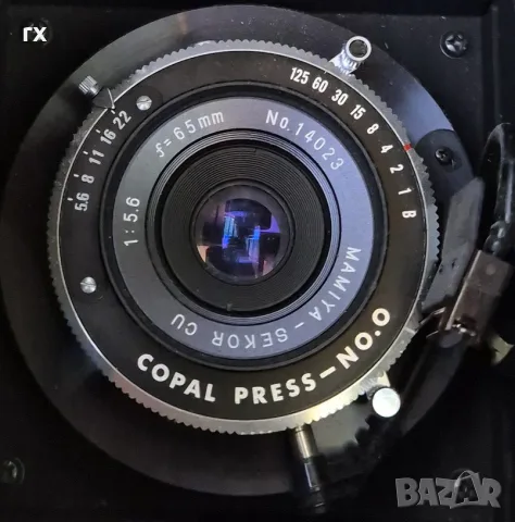 Обектив с централен затвор: Mamiya-Sekor CU f=65mm 1:5.6 в затвор Copal Press No. 0.