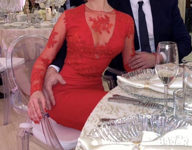 Официална червена рокля с дантела и гол гръб (XS-S), снимка 3 - Рокли - 54621876