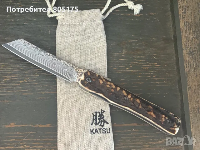 Японски джобен сгъваем нож Katsu. Еленов рог , дамаска стома