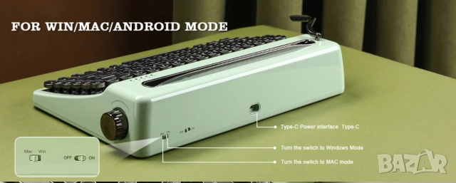 YUNZII QL75 Retro Typewriter Mechanical Keyboard –безжична механична клавиатура в стил пишеща машина, снимка 7 - Клавиатури и мишки - 54556457
