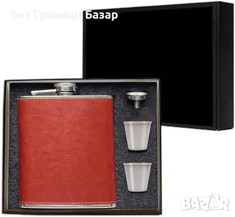 Нова Кожена манерка от неръждаема стомана с фуния и 2 шота идеален подарък за мъж