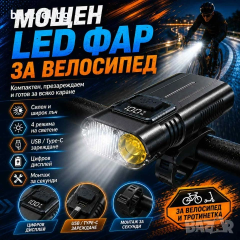 Акумулаторен LED фар за велосипед MACROCOSM с двойна светлина USB Type-C дисплей и 4 режима