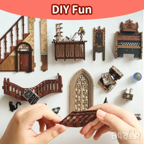 3D дървен пъзел с Led осветление DIY Book Nook Kit – Magic World древна вълшебна стая - НОВ, снимка 2 - Игри и пъзели - 54693635