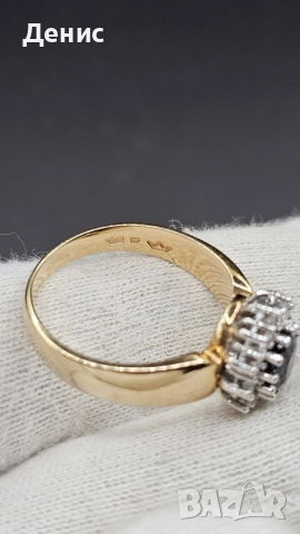 Винтидж златен пръстен 14K (585) с естествен сапфир и 12 естествени диаманта | Classic Halo Ring, снимка 5 - Пръстени - 55284303