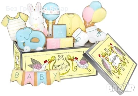 Нов Подаръчен комплект бисквити за бебе в метална кутия Ванилови за новородено подарък baby shower