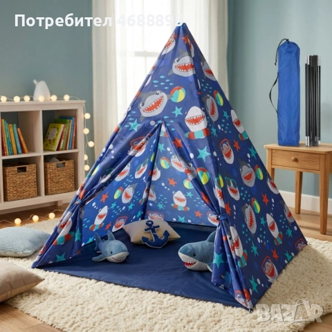 Детска типи палатка XXL с акули – сгъваема къщичка за игра за дома и градината, снимка 7 - Други - 54330491
