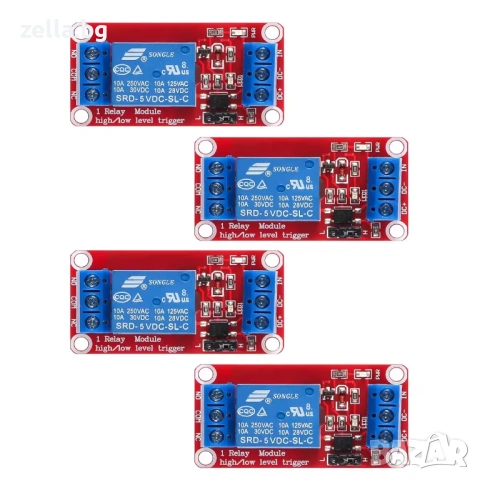 Комплект 4 броя релеен модул 1 канал 5V/12V с оптрон NC/NO High/Low Trigger 10A – за Arduino 10447