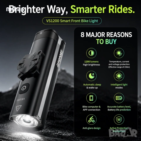 Предна SMART LED фар светлина за велосипед IGPSPORT VS1200 + Стойка M80, 1200 lm, Bluetooth, USB-C, снимка 7 - Аксесоари за велосипеди - 54202837