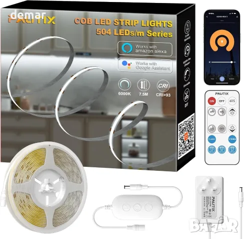 PAUTIX COB LED лента 504 LED/m, 7.5 м комплект със смарт дистанционно и захранване