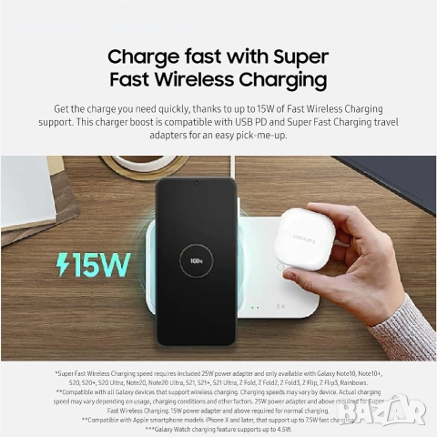 Безжично зарядно Samsung Duo 15W за 2 устройства, снимка 6 - Безжични зарядни - 55178029