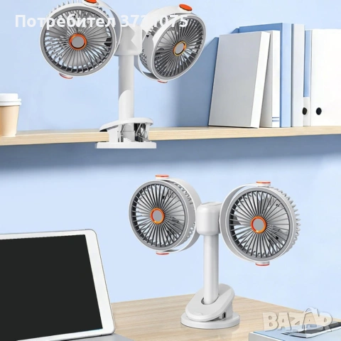 Акумулаторен двоен вентилатор с щипка – 360° регулируеми глави, USB-C зареждане и мощно охлаждане, снимка 3 - Вентилатори - 55281562