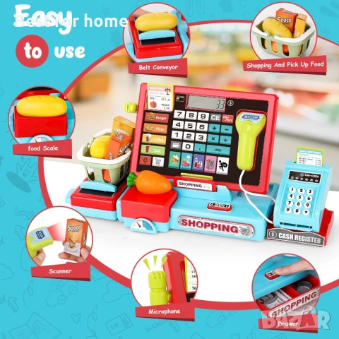 52 бр. играчка касов апарат за деца със звукова музика/скенер/микрофон/кредитна карта/пари за игра, снимка 3 - Други - 54127330