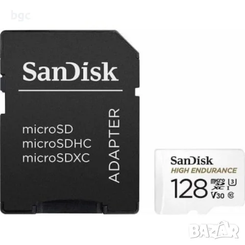 НОВА 128 GB Class 10 SanDisk High Endurance Карта памет Video , V30, UHS-I U3 micro SD + Адаптер, снимка 2 - Карти памет - 55360983