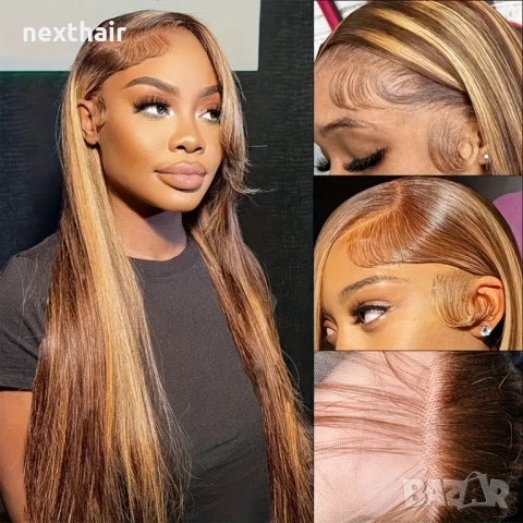 Естествена перука от бразилска коса 70-75 см - Lace Front 13x6, кафява с руси кичури, 200% плътност, снимка 11 - Аксесоари за коса - 54408154