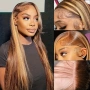 Естествена перука от бразилска коса 70-75 см - Lace Front 13x6, кафява с руси кичури, 200% плътност, снимка 11