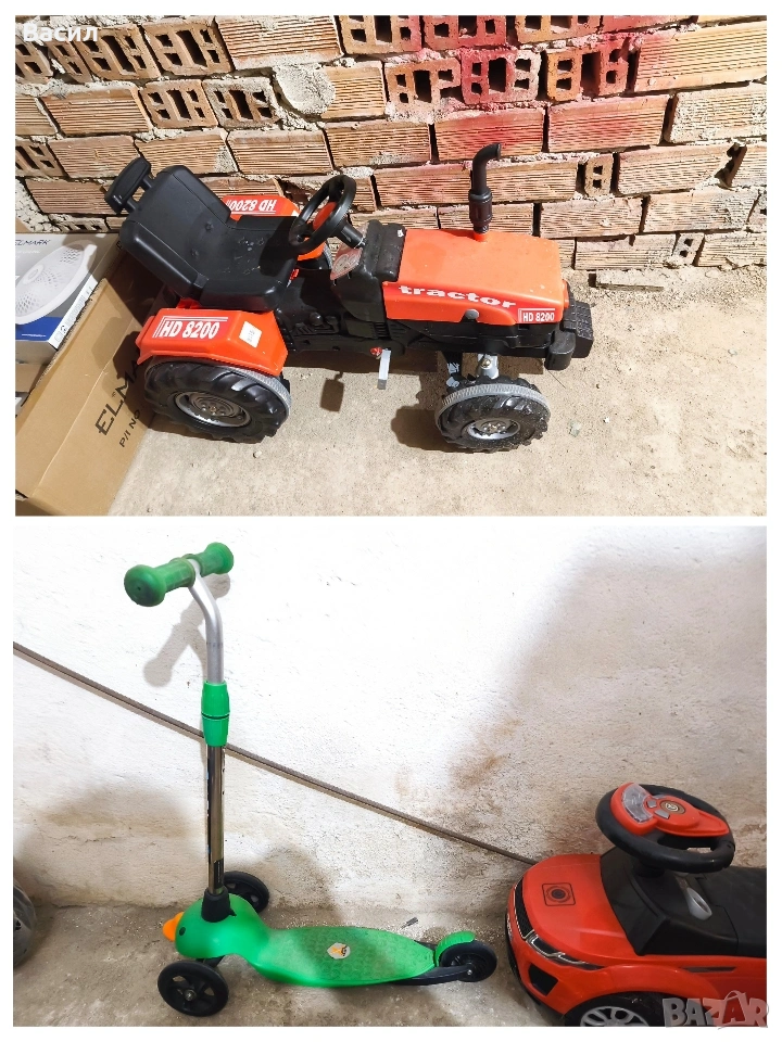 Сет детски играчки трактор с ремарке, кола за бутане и тротинетка, снимка 1