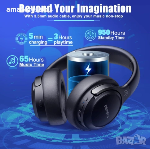 Безжични Bluetooth слушалки BERIBES с микрофон,65 часа време възпроизвеждане 6 музикални режимa HiFi, снимка 3 - Bluetooth слушалки - 54479895