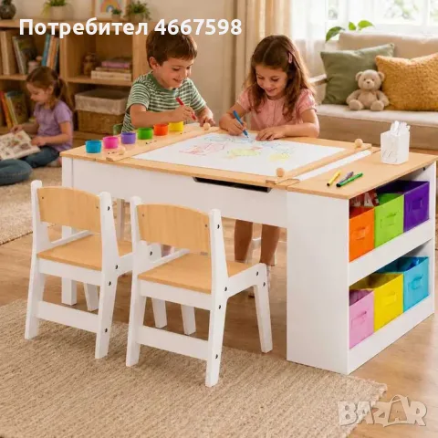 Детска дървена маса 3 в 1 с 2 столчета и дъска за рисуване, снимка 6 - Мебели за детската стая - 55393963