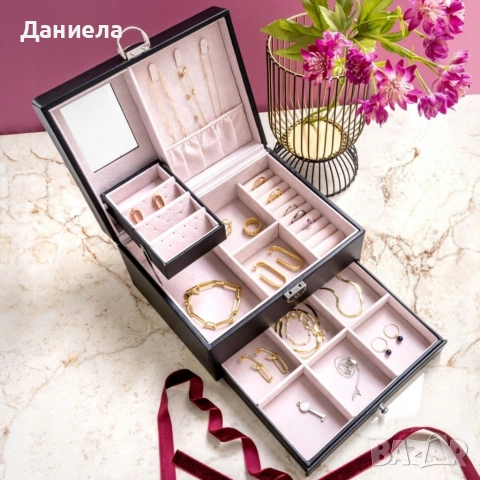 Луксозна кутия за бижута с огледало, заключване и чекмедже за съхранение, снимка 3 - Други стоки за дома - 54974393