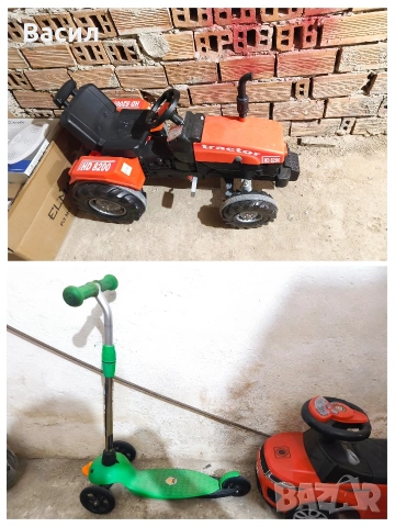 Сет детски играчки трактор с ремарке, кола за бутане и тротинетка