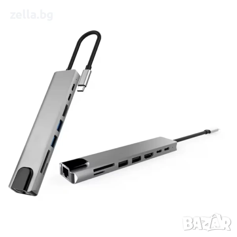 USB-C хъб 8 в 1, HDMI 4K 30Hz, RJ45 100Mbps, PD 87W, USB 3.0 за MacBook, Dell, Lenovo 10305, снимка 6 - Друга електроника - 54663317