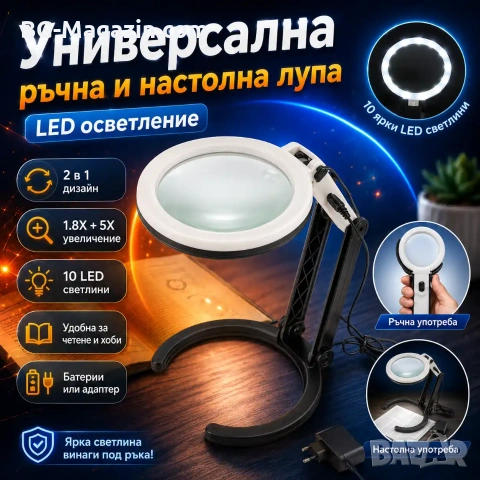Голяма увеличителна ръчна и настола лупа с лед осветление лампа стъклена за четене шиене бродиране