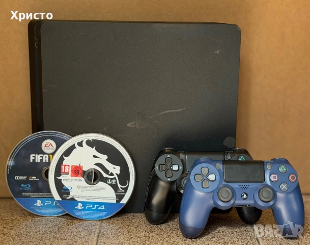  Конзола Sony PlayStation 4 Slim 500GB + 2 DualShock контролера + 2 игри   